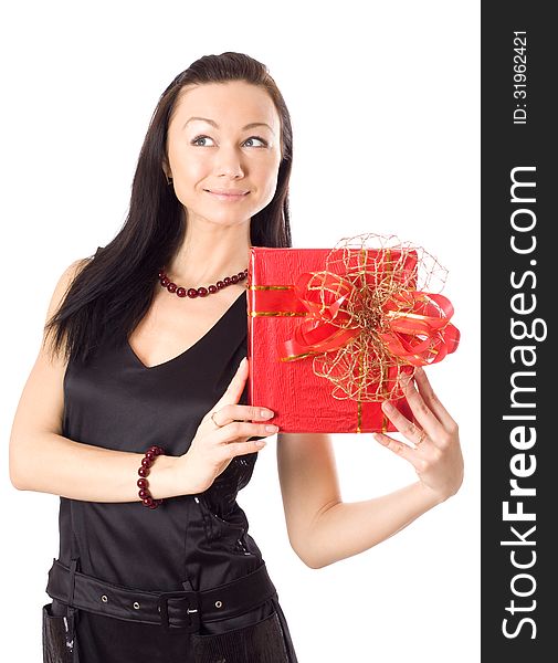 Attractive young woman with red gift box, isolated on white. Attractive young woman with red gift box, isolated on white