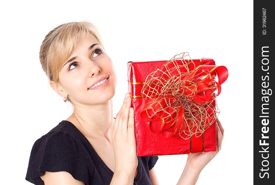 Attractive young woman with red gift box, isolated on white. Attractive young woman with red gift box, isolated on white