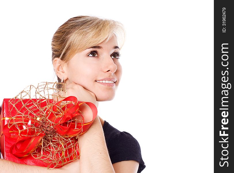 Attractive young woman with red gift box, isolated on white. Attractive young woman with red gift box, isolated on white