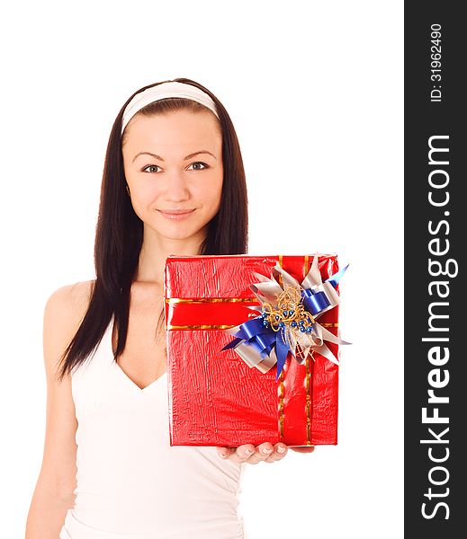 Attractive young woman with red gift box, isolated on white. Attractive young woman with red gift box, isolated on white