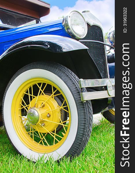 Colorful antique classic American car closeup detail
