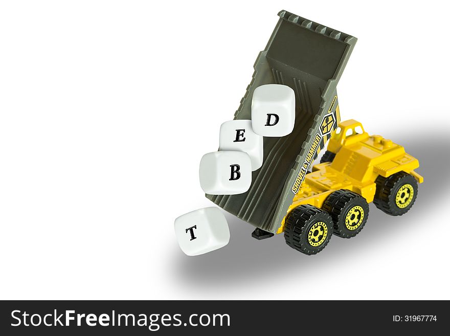 Toy car with with four dices at white background. Toy car with with four dices at white background.