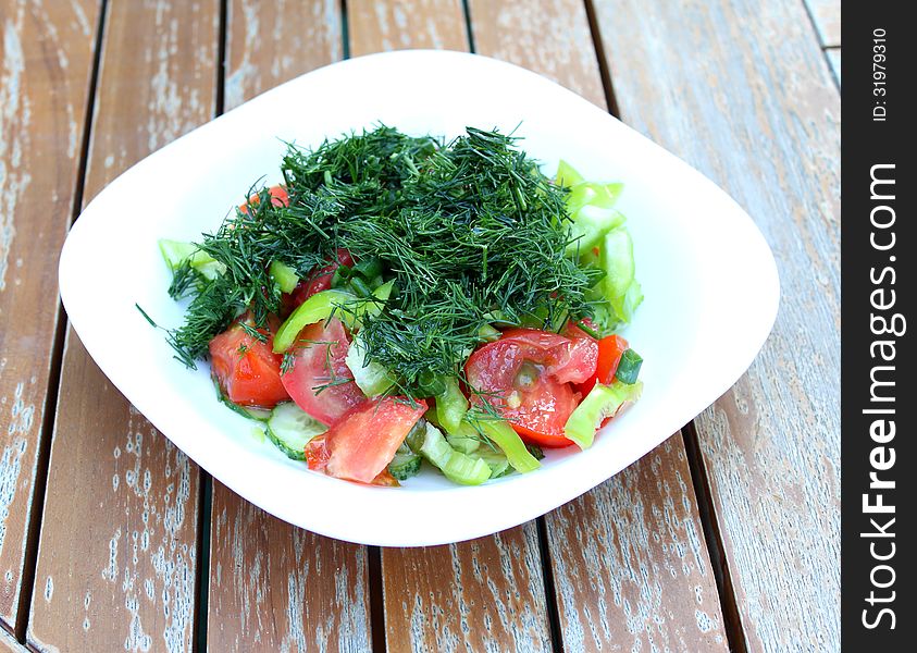 Vegetable salad in white plate on garden table.