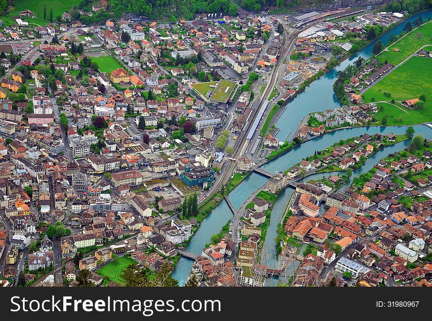 Swiss town from above, Bernese Alps