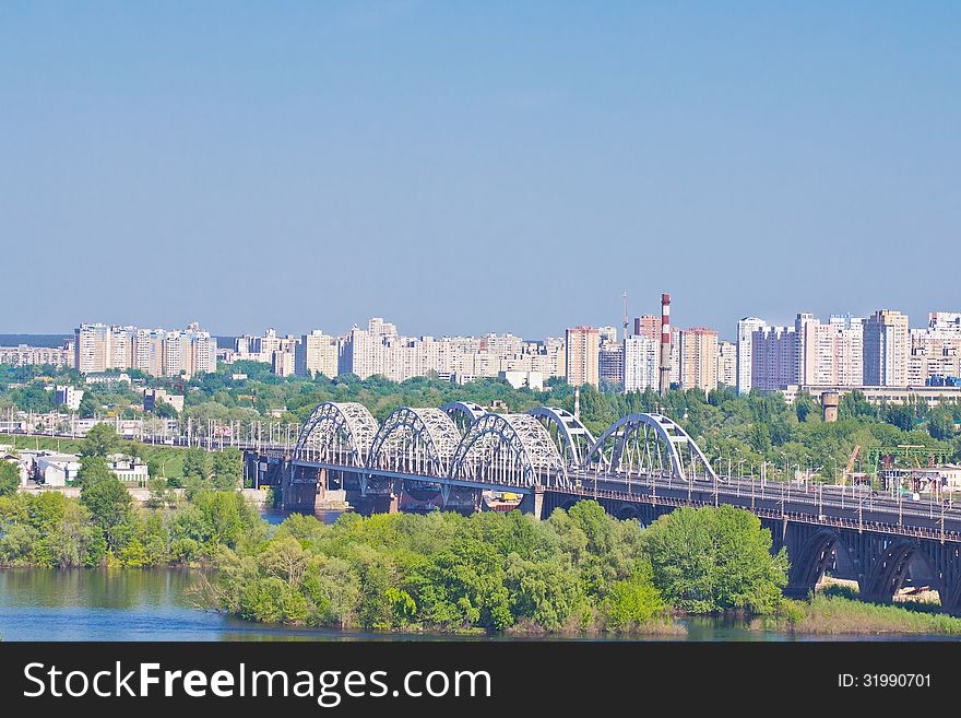 View on Darnitsa bridge over Dniper in Kiev, Ukraine