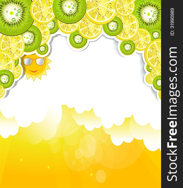 Luminous cloudy background with elements of kiwi a