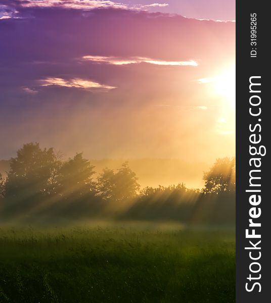 Sun beams in a foggy valley after a thunder-storm