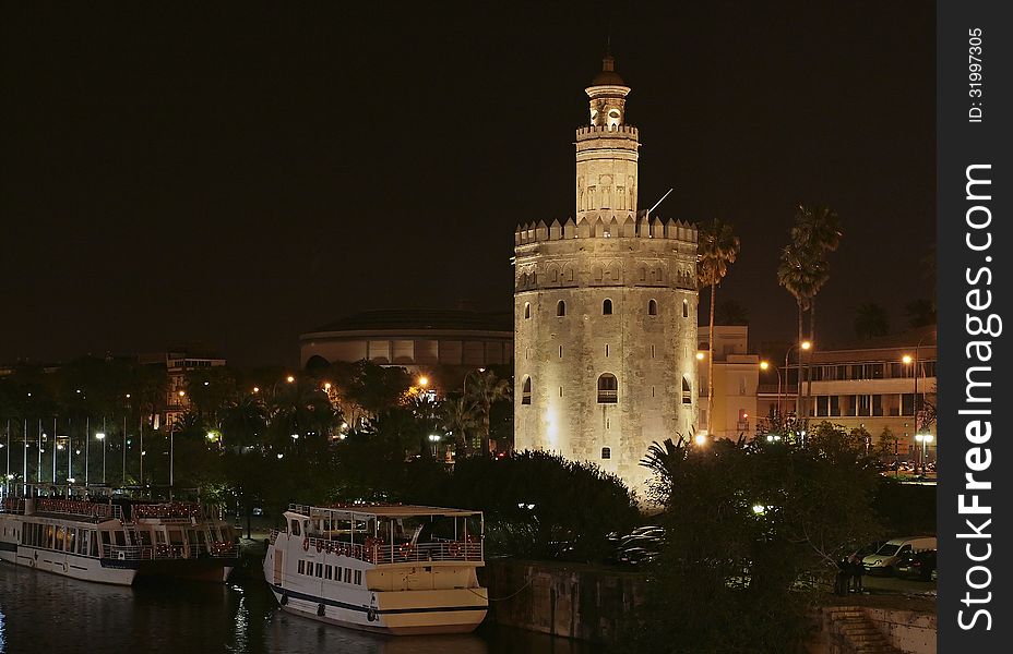 The views of the Golden Tower at night, Seville, Spain