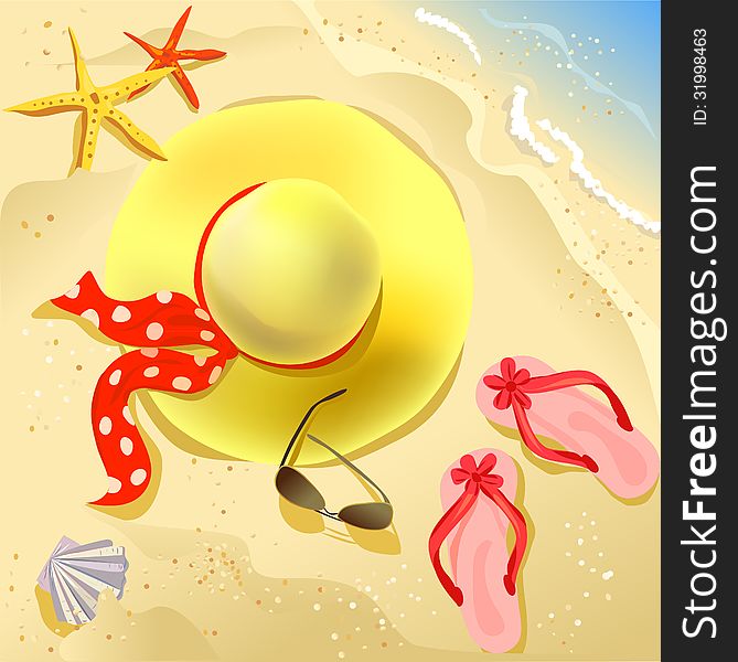 Hat, flip flops, sunglasses on the beach. vector illustration. Hat, flip flops, sunglasses on the beach. vector illustration