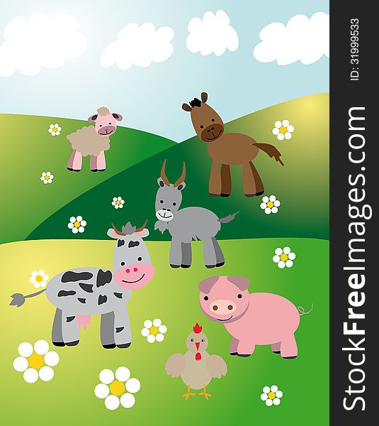 Vector graphic image with farm animals walking in the fields. Vector graphic image with farm animals walking in the fields