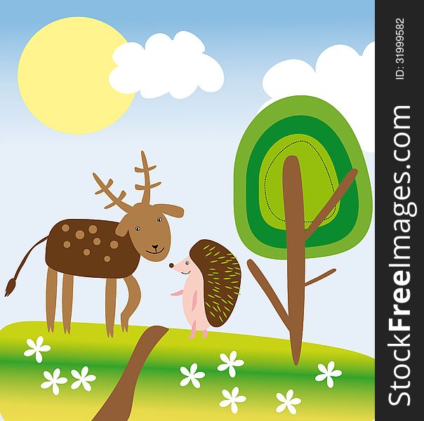 Vector graphic image with hedgehog and deer walking in the forest. Vector graphic image with hedgehog and deer walking in the forest