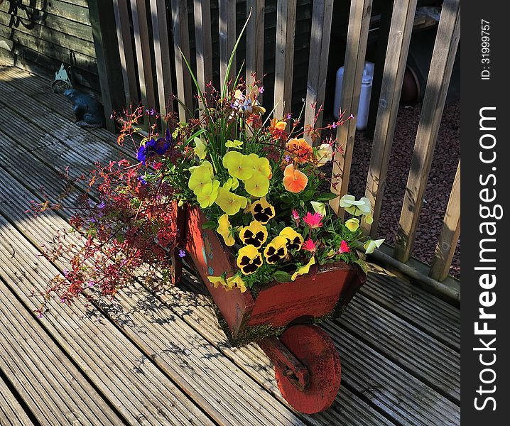 Decorative wooden wheelbarrow full of flowers in my garden. Decorative wooden wheelbarrow full of flowers in my garden.