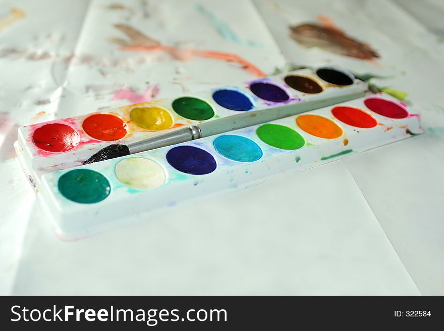 Child's watercolor set; painting. Child's watercolor set; painting