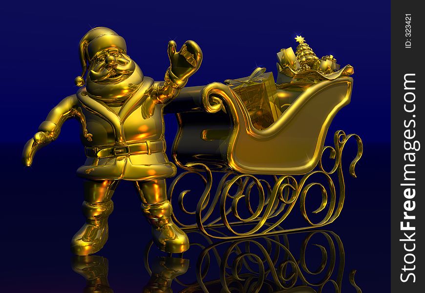 3D render of a golden Santa with his sleigh. Christmas sales bring prosperity. 3D render of a golden Santa with his sleigh. Christmas sales bring prosperity.