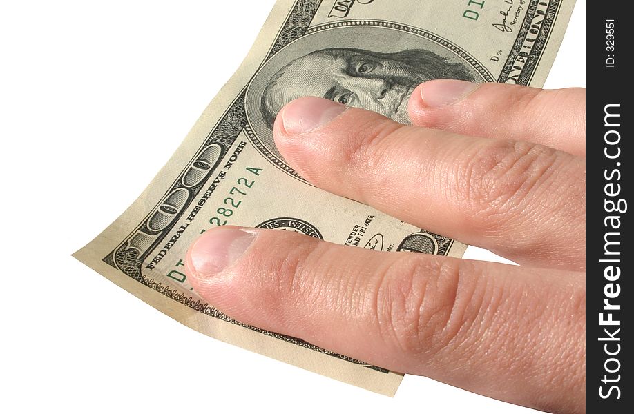 Hand holding one hundred dollars, pure white background