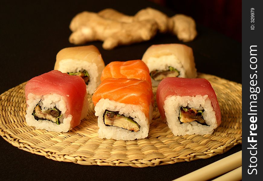 Sushi with smoked eel, covered salmon and lakedra