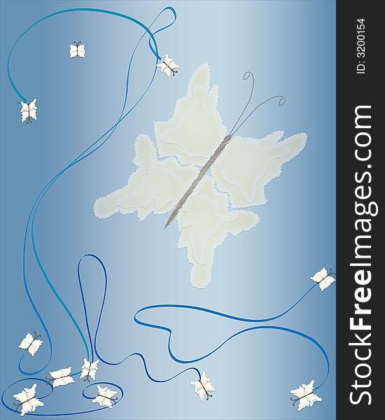 Blue and white background with butterflies and ribbons. Blue and white background with butterflies and ribbons
