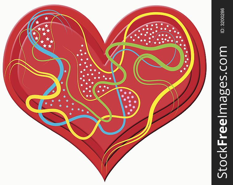 A red plastic heart out of three hearts with colored lines, little balls and stars. A red plastic heart out of three hearts with colored lines, little balls and stars