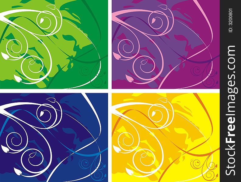 Four variants of a pattern from lines and waves and foliage of different color on a yellow, violet, green and dark blue background. Four variants of a pattern from lines and waves and foliage of different color on a yellow, violet, green and dark blue background