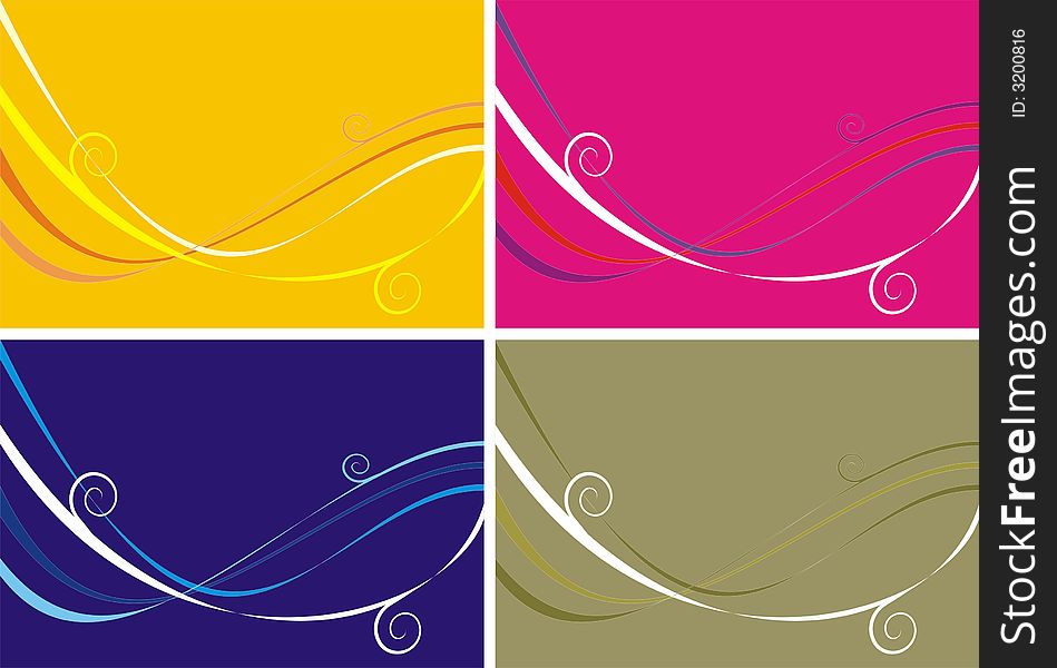 Four variants of a pattern from lines and waves of different color on yellow, pink, khaki and a dark blue background