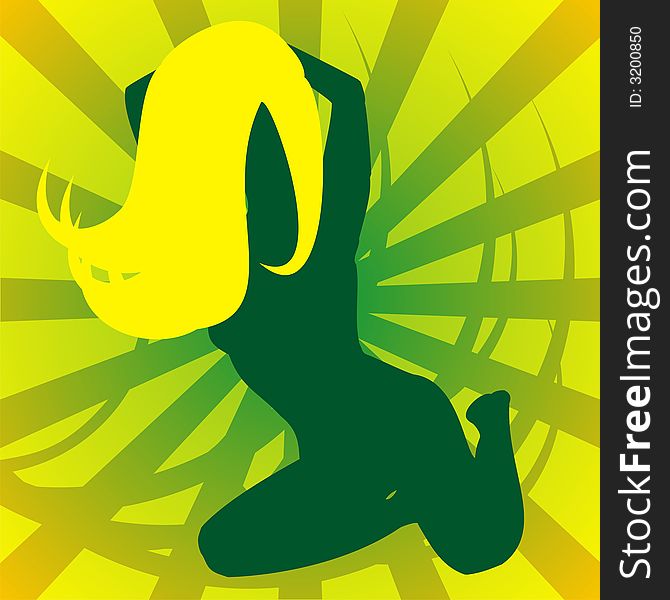 Green silhouette of the girl with yellow hair on a yellow background with strips