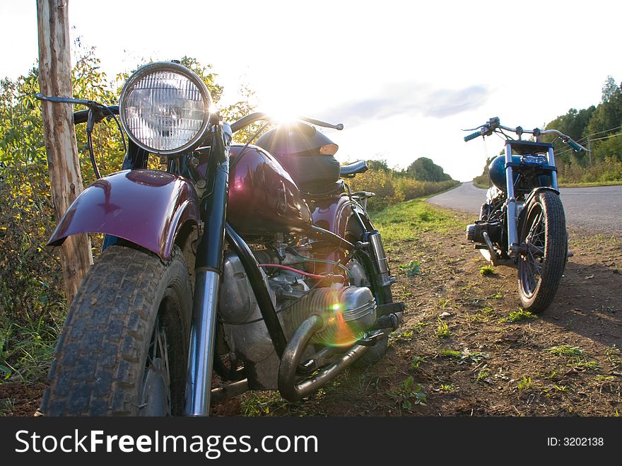 Dark-red russian renewed retro motorcycle and chopper. Dark-red russian renewed retro motorcycle and chopper