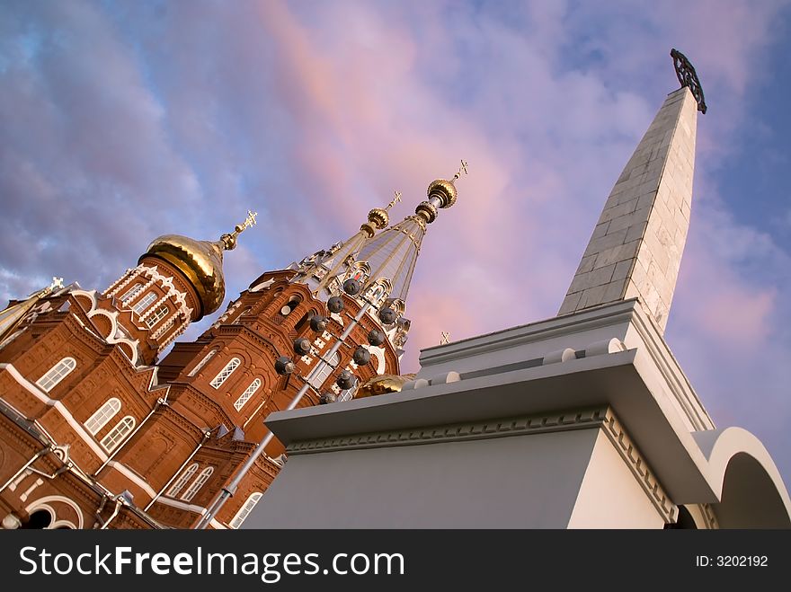 Orthodox russian church and the monument of Russian revolution. Orthodox russian church and the monument of Russian revolution