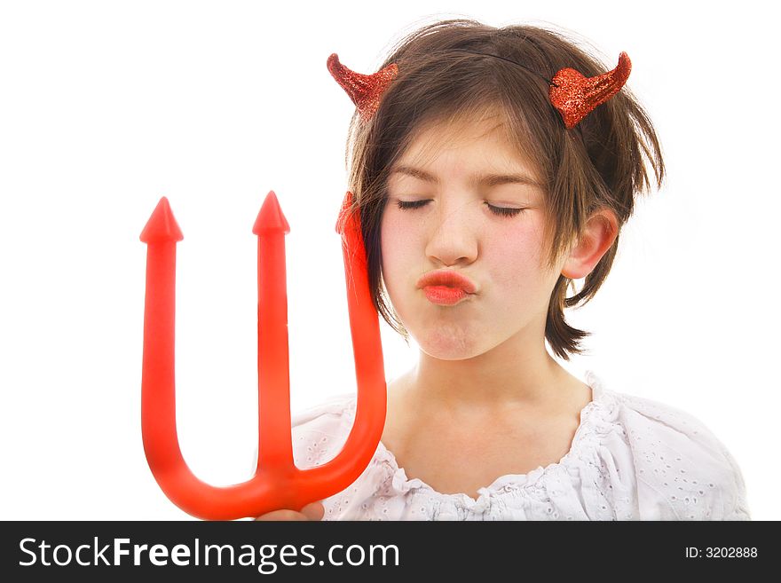 Cute Halloween devil girl giving a big kiss isolated on white. Cute Halloween devil girl giving a big kiss isolated on white