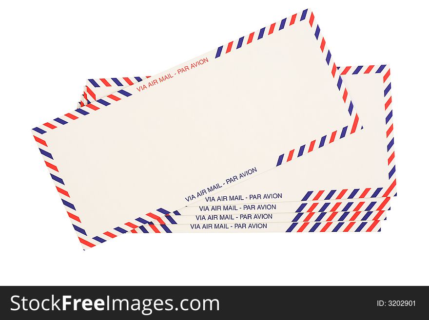 Air mail red and blue striped envelopes isolated on white. Air mail red and blue striped envelopes isolated on white