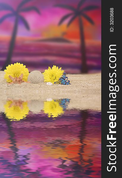 Flowers on Sand With Sunset Background, Background Was Painted By Me. Flowers on Sand With Sunset Background, Background Was Painted By Me