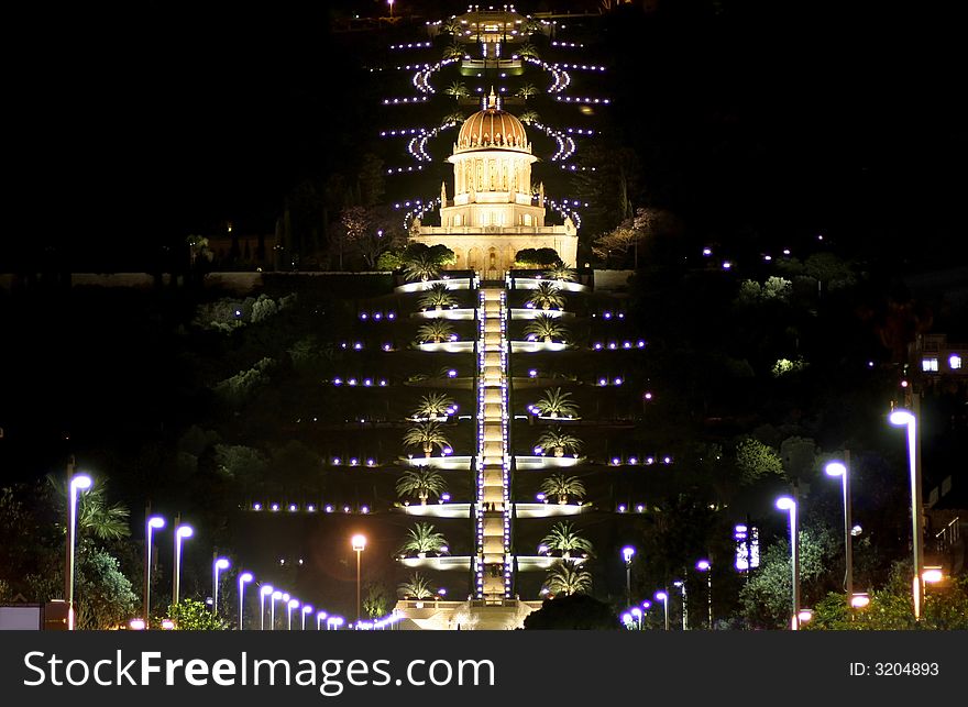 Haifa mosque and garden by night