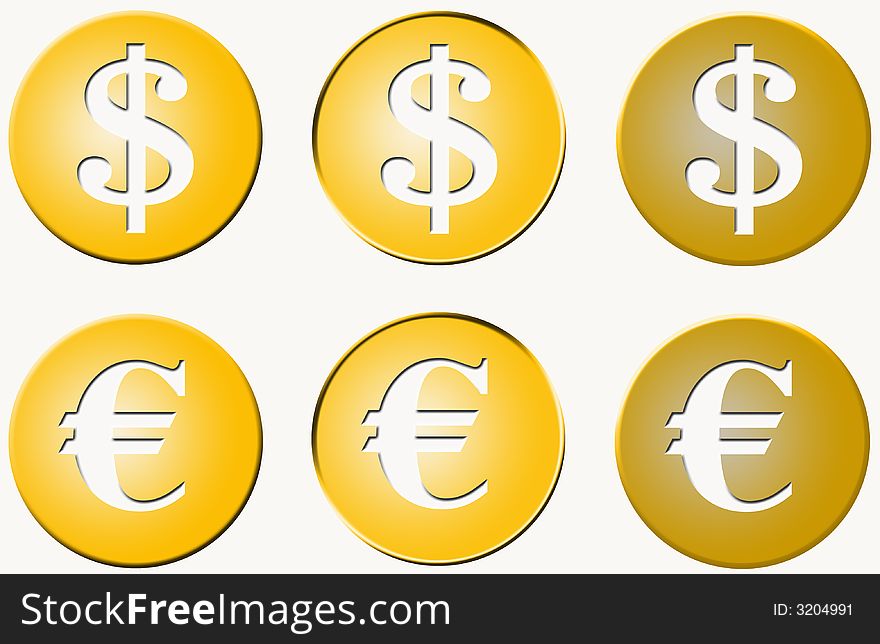 Useful golden plastic buttons with the signs of dollar and euro. Useful golden plastic buttons with the signs of dollar and euro