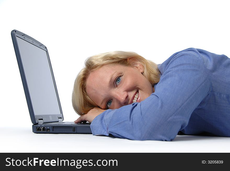 Attractive woman with a laptop on a white background
