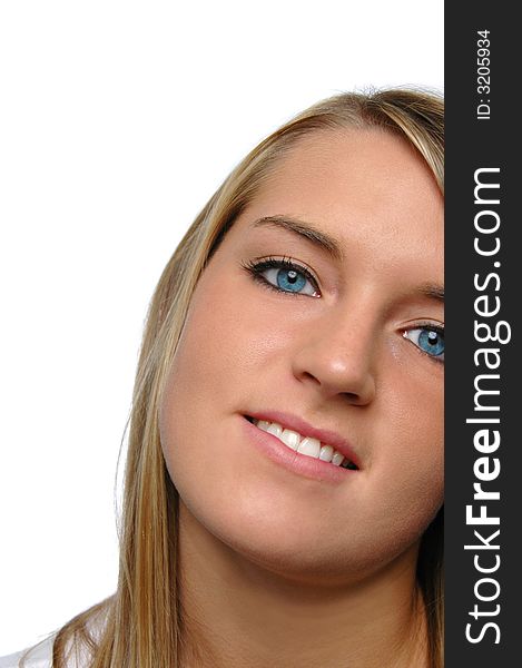 Teen girl close up smiling on a white background