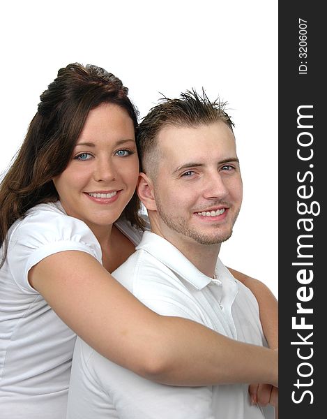 Attractive couple hugging isolated on a white background