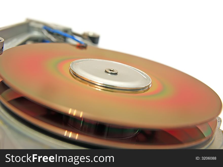 Close-up view of head and disk of HDD. Close-up view of head and disk of HDD