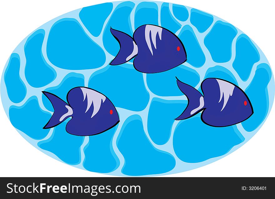 Illustration of three blue fish on background. Illustration of three blue fish on background