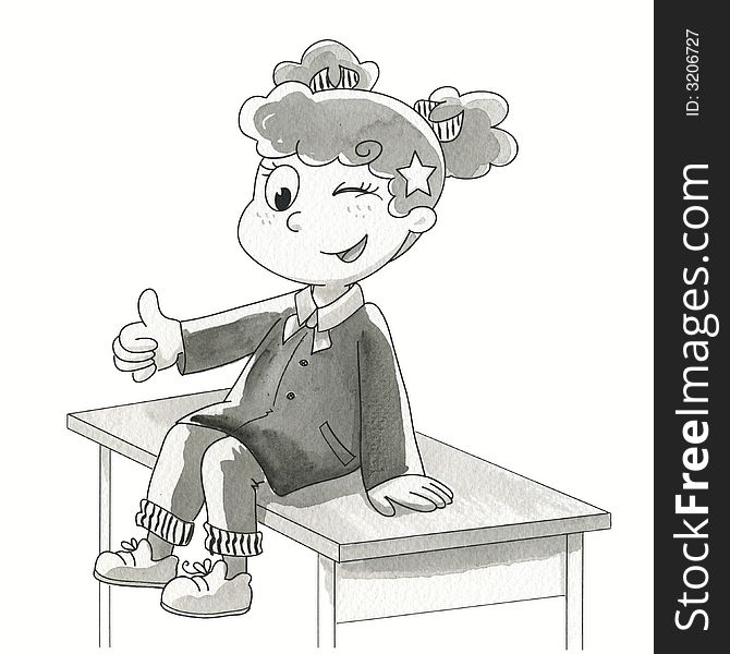 Smiling schoolgirl with finger up sitting on her desk. Hand made watercolor in grey-scale. Smiling schoolgirl with finger up sitting on her desk. Hand made watercolor in grey-scale