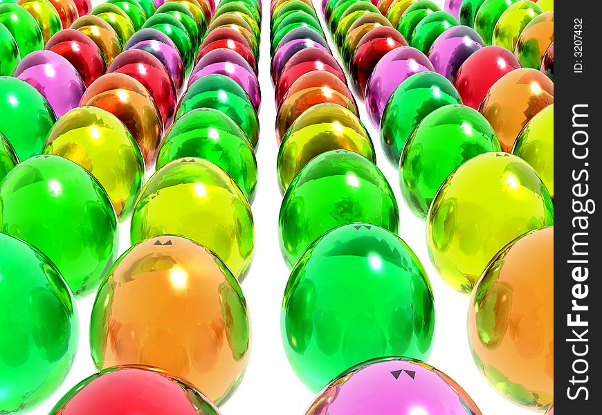 Brightly colored Easter eggs on a reflective surface. Brightly colored Easter eggs on a reflective surface.