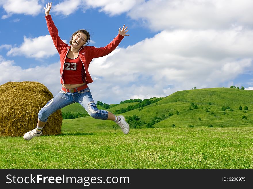 Crazy beautiful girl in a happy jump. Crazy beautiful girl in a happy jump