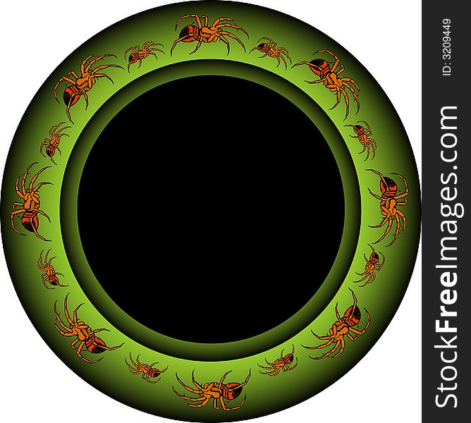 A round frame with a green glowing border and spiders around. In the middle a black frame for filling. Also available as Illustrator-file. A round frame with a green glowing border and spiders around. In the middle a black frame for filling. Also available as Illustrator-file