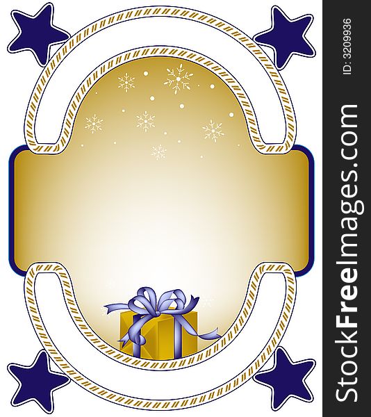 Gold and blue holiday themed frame with snowflakes and a present. Gold and blue holiday themed frame with snowflakes and a present.