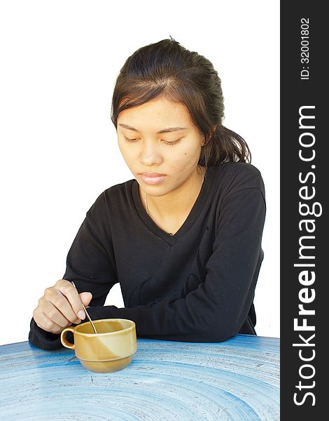 Young girl at leisure coffee closeup portrait with white background