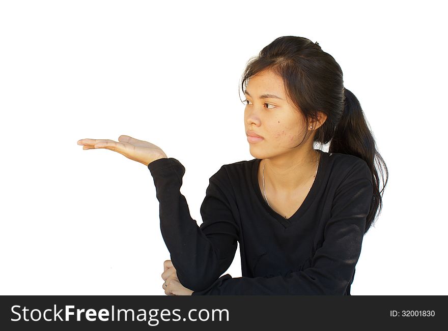 Attractive asian young girl showing on white background