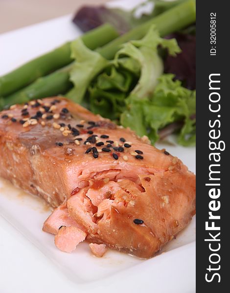 Teriyaki baked salmon on plate. Teriyaki baked salmon on plate