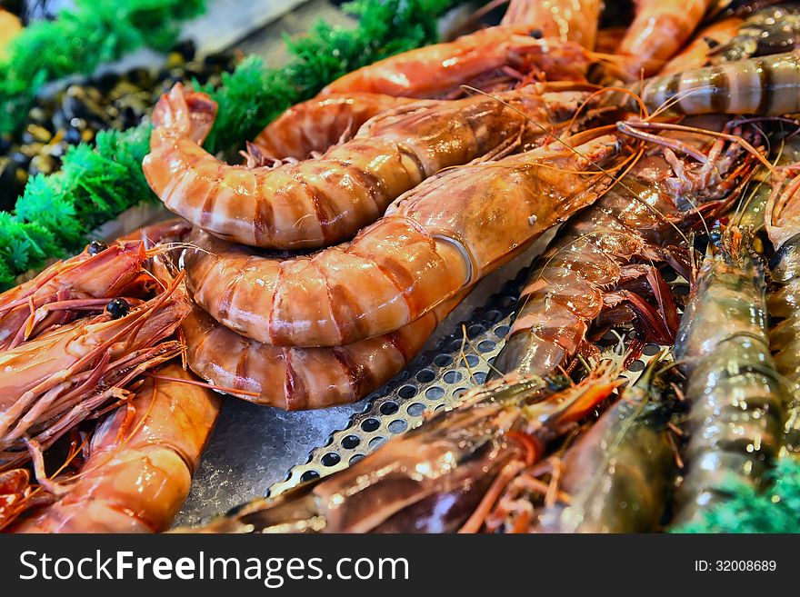 Show-window of seafood in the sea market