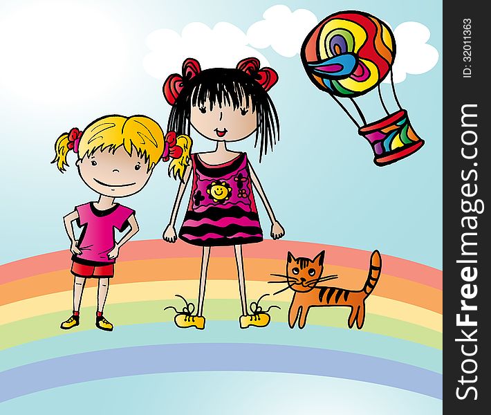 Vector graphic image with two little funny girls staying on rainbow. Vector graphic image with two little funny girls staying on rainbow