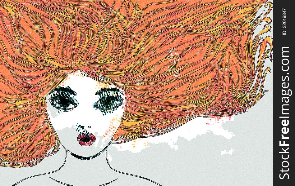 Abstract portrait of a girl with red hair, digital watercolor effect. Abstract portrait of a girl with red hair, digital watercolor effect.