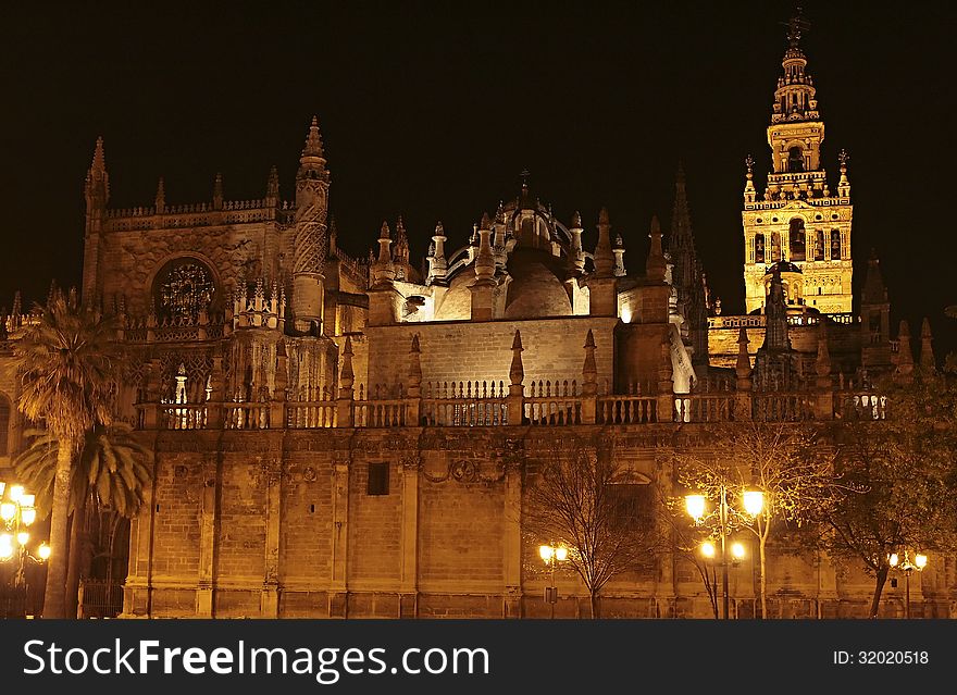 View of the cathedral in Seville, Spain at night