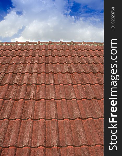 Tiled Roof with Fluffy Cloud Blue Sky